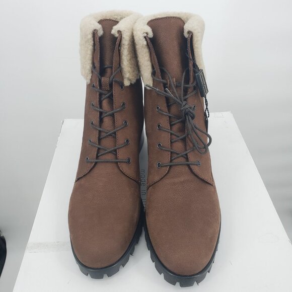 Brown Lace Up Ankle Boots Shearling Cuff Lug Sole Combat Booties - Picture 6 of 9